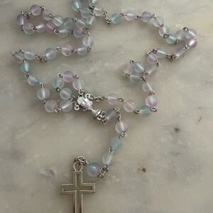 Elegant Silver and Pastel Beaded Necklace with simple Cross